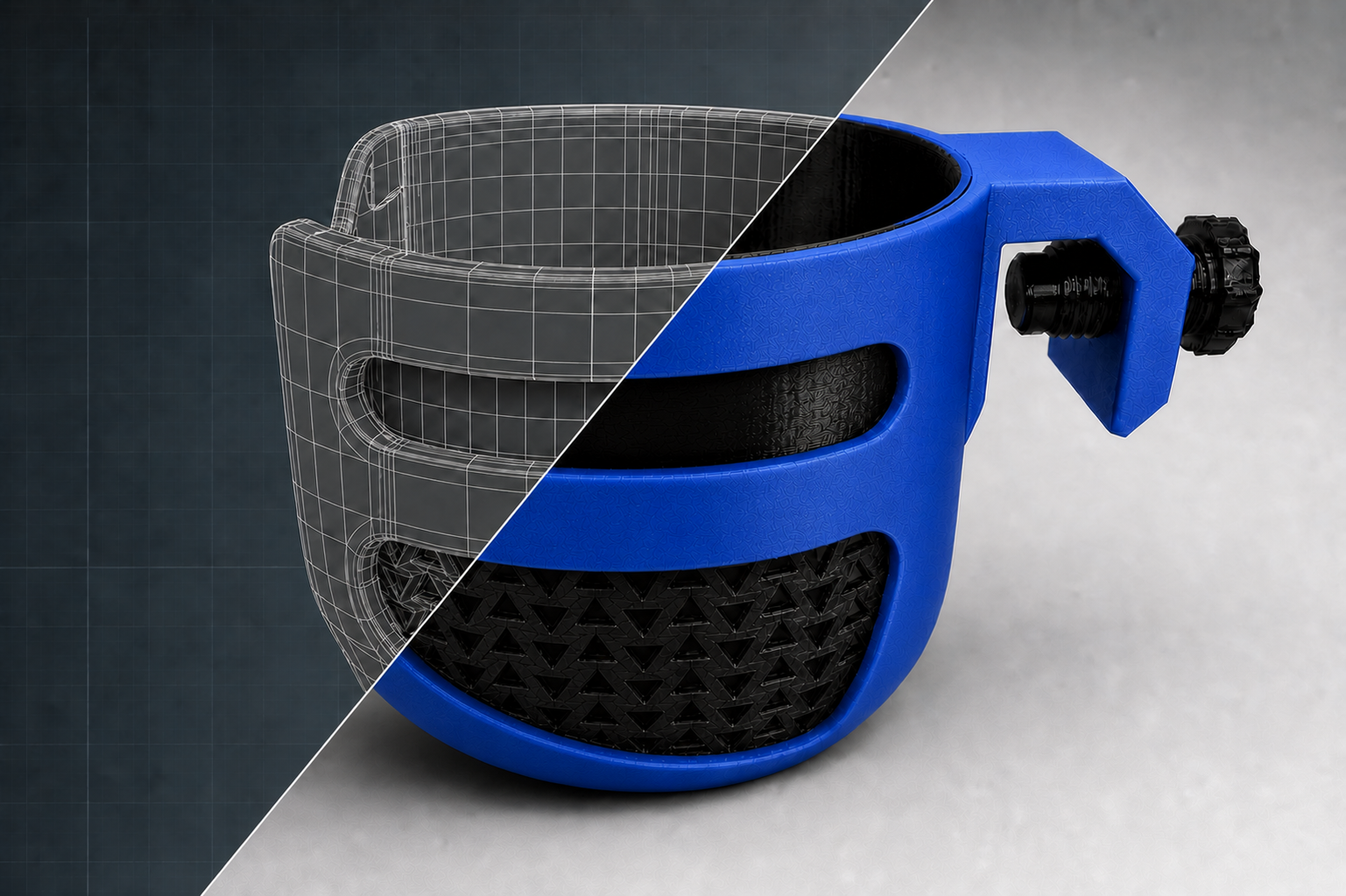 Cup holder design transitioning from a CAD model to the finished 3D-printed product